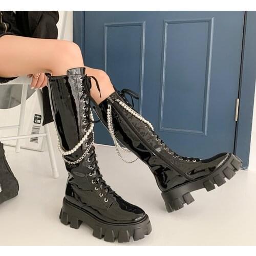 QZYERAI New Full Cow Genuine Leather Motorcycle Boots Women Square High Heels Lace Up Winter Boots Ladies Knight Knee High Boots