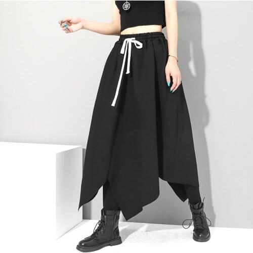 Johnature Autumn New Loose Solid Color Women Skirts 2021 Casual Fashion Elastic Waist Tie Irregular Female Skirts