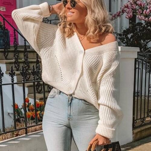 2021 Spring Autumn Women Knitting Cardigan Sweater Ladies Full Sleeve Sexy V Neck Casual Tops Female Kardigan Loose White Coat