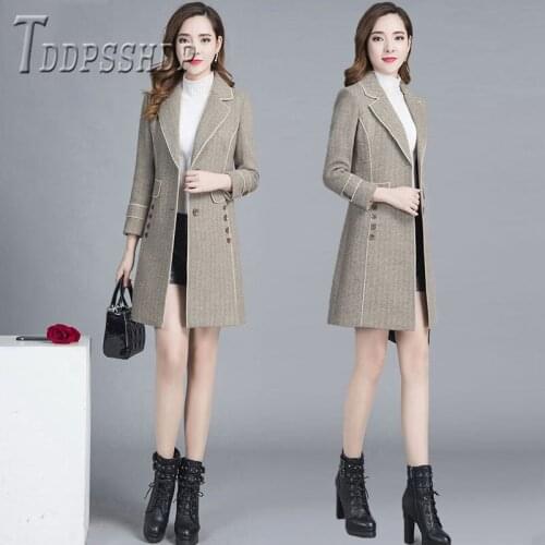 2019 Thick Elegant Women Woolen Coat Long Style Lapel Grey And Khaki Color Female Overcoat