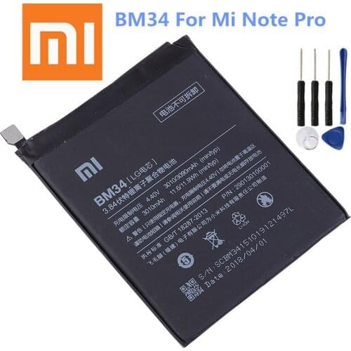 100% Orginal Xiao mi BM34 3010mAh Battery For Xiaomi Mi Note Pro 4GB RAM High Quality Phone Replacement Batteries