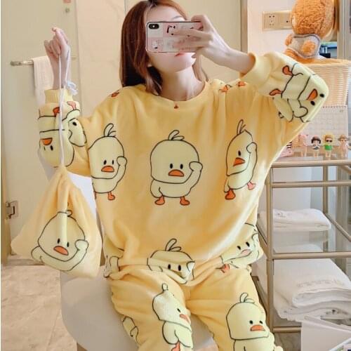 2020 Winter Women Flannel Pajamas Set Cartoon Little Yellow Duck Round Neck Sleepwear Thickened Warm Pyjamas Home Clothing New