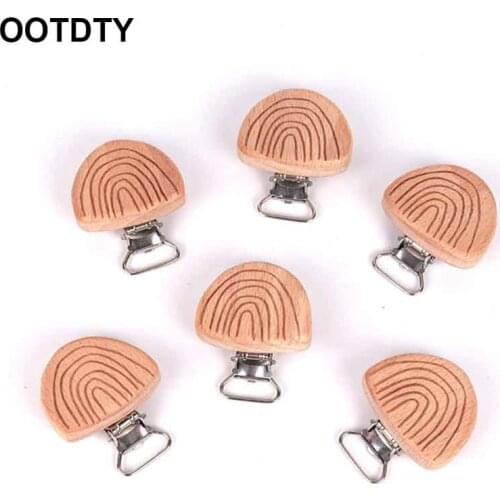 6Pcs Wooden Pacifier Clips Beech Engrave Rainbow Baby Teether Safety Clasp Holder DIY Dummy Chain Toys Accessories