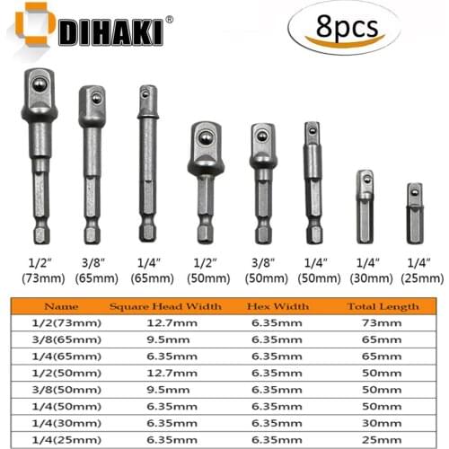 8PCS/set Socket Adapter Bits Set 1/4 Hex Shank To 1/4" 3/8" 1/2" Drill Nut Driver Power Shank Connecting Rod Head Extension