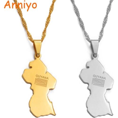 Anniyo Guyana Map Flag Pendant Necklace Women Girls Gold Color Guayana Jewelry Republic of Guyana #077121
