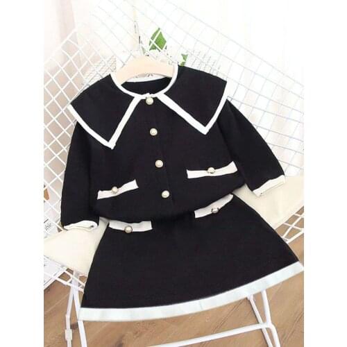 Girls' Western Style Autumn And Winter Style Childrens College Style Lotus Leaf Collar Cardigan Sweater Bust Skirt 2-piece Suit