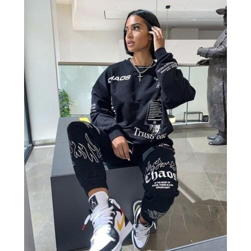 2PCS Sweat Suits Women Matching Sets Letter Graffito Printed Sweatshirt + Sweatpant Two Piece Outfits Tracksuit Women Winter Set