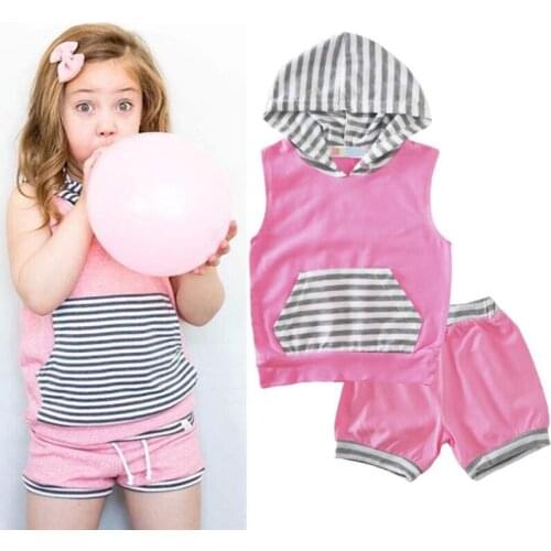 Baby Clothes Suit Sleeveless Sport Hooded coat+pant Sleeveless Children Tracksuit Pink Color Striped Toddler Girls Clothing A209