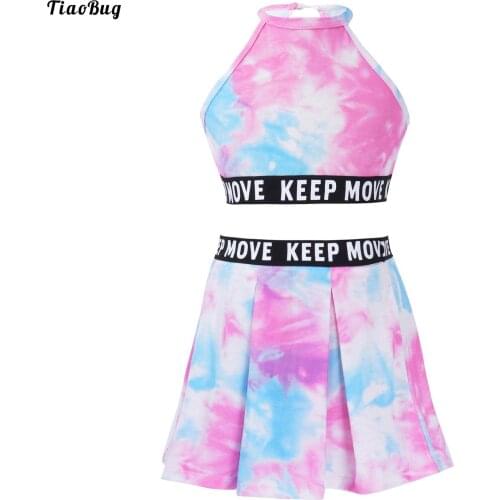 TiaoBug 2Pcs Kids Girls Summer Tie Dye Print Sport Suit Halter Neck Sleeveless Crop Vest Tops And Pleated Skirt Set