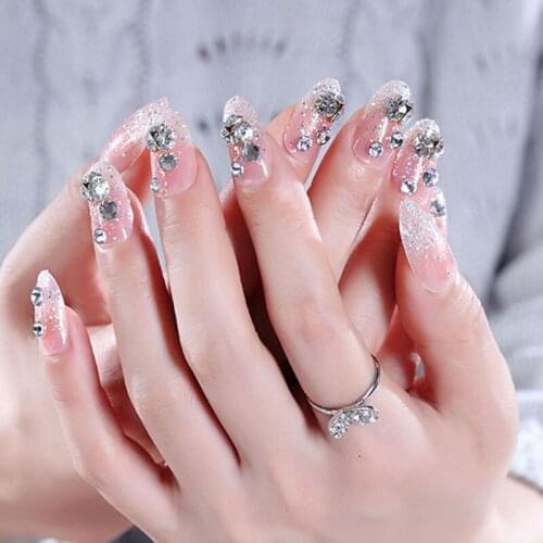 Pretty Pink Glitter Fake Nails Round Rhinestone Wedding Bride Artificial Full Nail Art Tips with Glue Sticker Nail Accessories