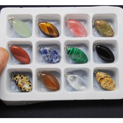 Box Stone Sets,12 Pieces /Lot,Nature Stone Pendant,Gem Stone Pendant,For Necklace Making,Size:13x24mm