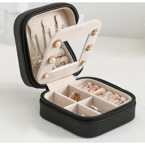 MOONLAY Travel Size Jewelry Organizer Box PU Leather 2-Layer Earrings Necklace with Mirror Storage Cases