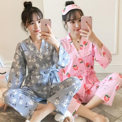 2020 Autumn Winter Long Sleeve Cotton Kimono Pajama Sets for Women Soft Sleepwear Suit Pyjama Homewear Pijama Mujer Home Clothes