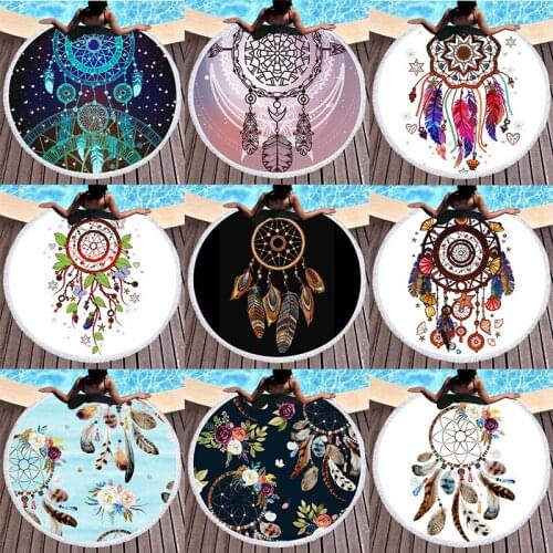 Dreamcatcher Beach Towel Feather Swimming Towel Anti-Static Non-Hair Loss Microfiber Round 150cm Beach Towel