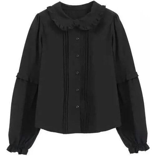 NONSAR Japanese Style Lolita Shirt Autumn Spring Girl Ruffled Long-Sleeved Jacquard Solid Color Blouse Women