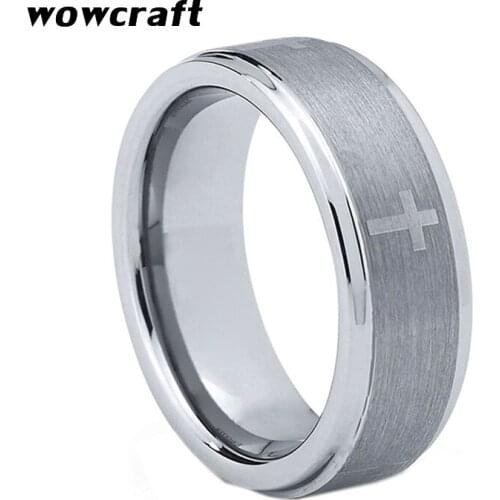 8mm Mens Tungsten Wedding Ring Laser Engraved Cross Band Brushed Finish with Stepped Edges