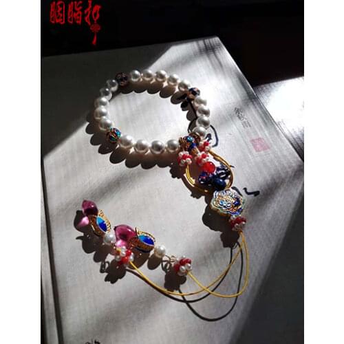 Yanxi Pearl Beads Blue Cloisonne Bracelet Antique Hanfu Bracelet Clothing Cheongsam Chi-Pao Accessory Flap
