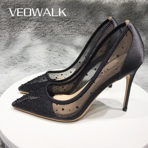 Veowalk Satin Gauze Patchwork Women Pointed Toe High Heels See-through Sexy Pumps Chic Ladies Party Dress Shoes Black