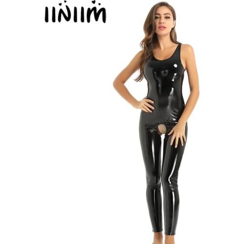 Iiniim Womens Femme Wet Look Leather Crotchless Sissy Catsuit Teddies Jumpsuit Evening Parties Performance Clubwear Costumes
