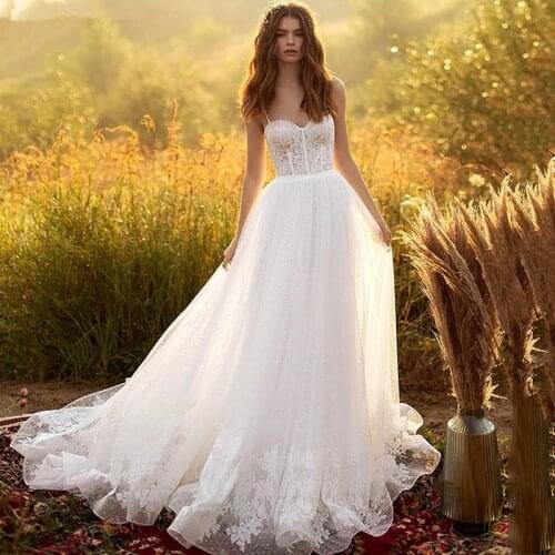 Ivory Lace Bridal Dresses 2021 Boho Beach Wedding Gowns Dots Tulle Country Style Applique Spaghetti Straps