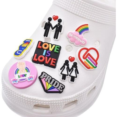 10Pcs PVC Shoe Charms for Adult Rainbow Flag Gibleitz Decorations LGBTQ Proud Wristband Accessories Peace&Love
