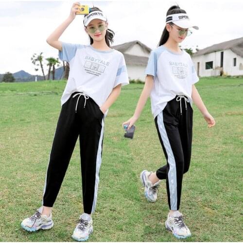 2021 New Summer Girls Clothes Teenager Kids Short Sleeve T shirt + Trousers Pants Children Cartoon Set 6 7 8 9 10 11 12 14 Years