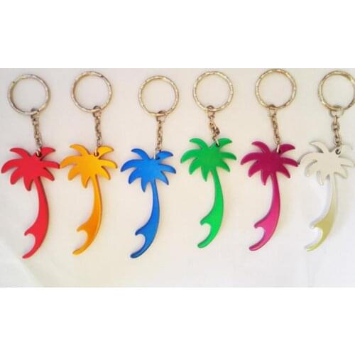 500 pcs/lot palm tree shape keychains customed printed logo beer can bottle opener key ring promotion gift free shipping