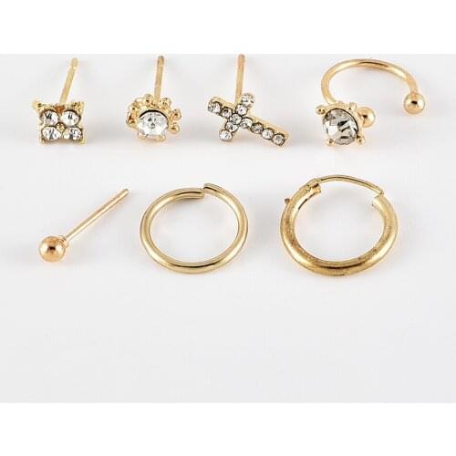 7 PCS Vintage Bohemian Mix Design Small Cross Crystal Round Earrings for Women Trendy Piercing Ear Studs Cuff Circle Earring Set