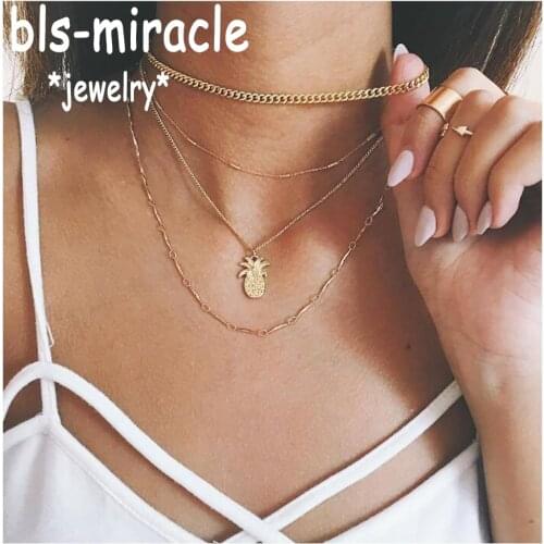 Bls-miracle Fashion Necklaces Classic Gold Color Multilayer Pineapple Pendant Necklace Women Girl Statement Female JewelryN542