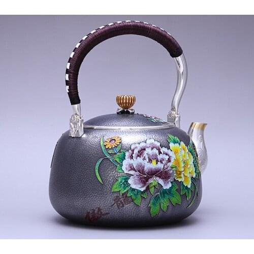 Teapot, kettle, hot water teapot, iron teapot, stainless steel kettle, tea bowl, 1100ml capacity, handmade S999 sterling silver