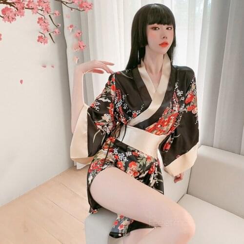 Erotic Costumes Japanese Kimono Dress for Women Cardigan Sexy Suit Floral Print Yukata Asian Obi Sleepwear Robe Vintage Clothes