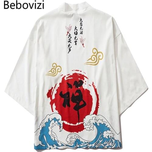 Bebovizi 2020 Harajuku Japanese Waves Casual White Kimono Streetwear Men Women Cardigan Chinese Character Thin Robe Clothing