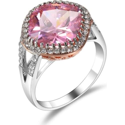 MOONROCY Rose Gold Color Crystal Rings CZ Pink Cubic Zirconia Flower Geometry for Women Girls Gift Dropshipping Trendy Jewelry