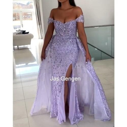 2020 Two Pieces Lace Evening Dresses Detachable Over Skirt Off shoulder Side Spleat Prom Gowns vestidos formales