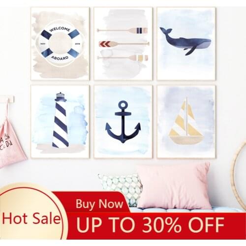 Nautical Sea Ship Whale Lighthouse Anchor Nursery Wall Art Canvas Painting Nordic Poster And Prints Wall Picture Kids Room Decor