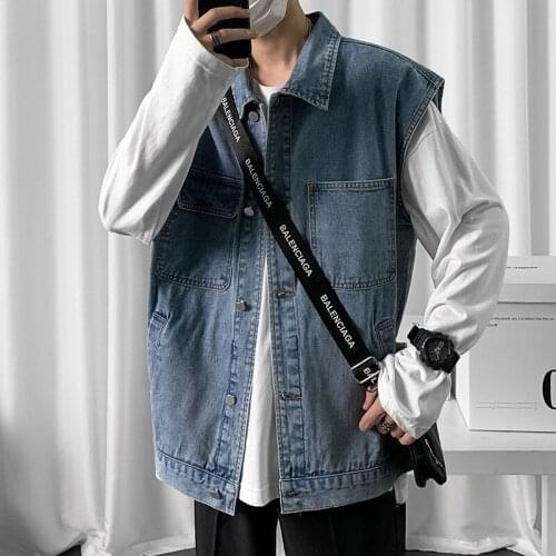 Harajuku Men Loose Fit Sleeveless Denim Jacket Pockets Casual Hip Hop Vest Top Single Breasted Streetwear Preppy Style Waistcoat