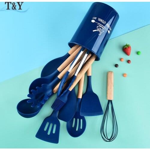 T&Y 12pcs Navy Blue Silicone Kitchenware Utensil Set, Nonstick Heat Resistant Cooking Gadget Sets, Turner, Colander, Spoon