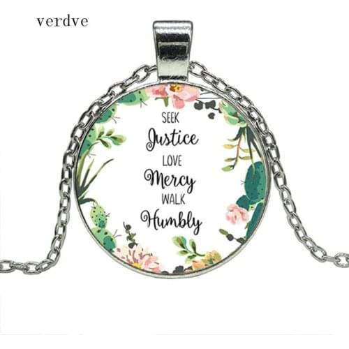New Seek Justice, Love Mercy, Walk Humbly Quote Pendant Necklace Bible Verse Jewelry Faith Inspirational Gifts for Women Men