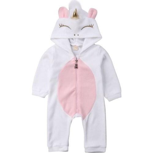 0-24M Toddler Newborn Baby Girl Clothes Romper Autumn Winter 3D Unicorn Printed Flannel Long Sleeve Warm Zipper Jumpsuit Outfits