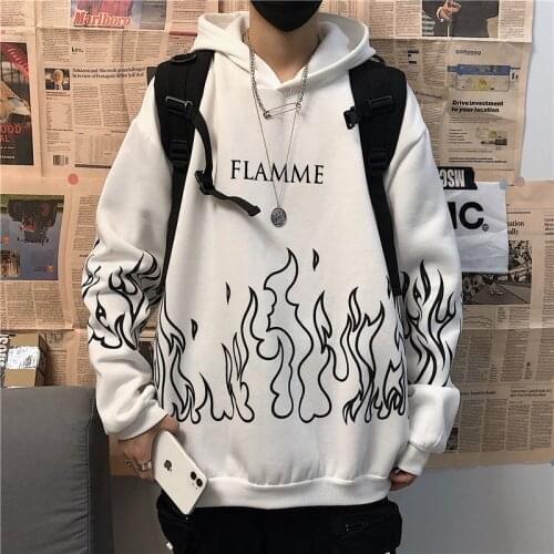 Men Flame Print Pullover Sweatshirt Harajuku Loose Long Sleeve Korean Streetwear Couple Oversized Autumn Winter Solid Hoodies