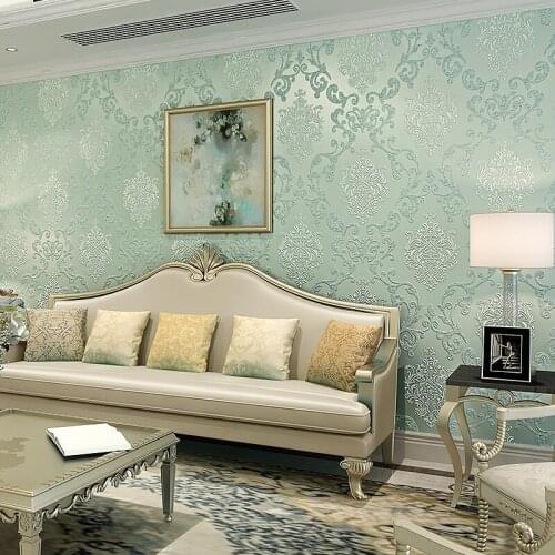 Relief Damascus Non-woven Wallpaper 3D Bedroom Living Room TV Background Wall Beige Green Wallpaper