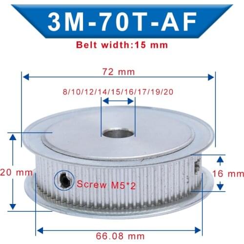 Timing Pulley 3M70T Bore 8/10/12/14/15/16/17/19/20 mm Aluminum Belt Pulley Slot Width 16 mm For 3M-Timing belt Width 15 mm