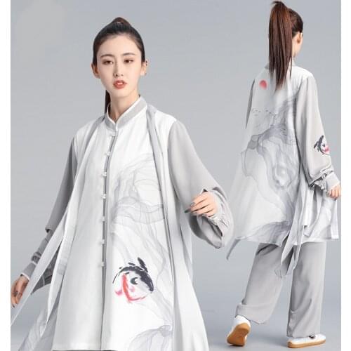 Gray Tai Chi Uniform Wushu Kung Fu Clothes Chinese Warrior Costume 3 Pieces Set Morning Sportswear Tai Chi Clothing TA2011