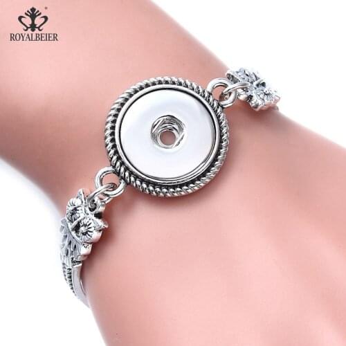 RoyalBeier Vintage Owl Snap Button Metal Silver Color Bracelet 5pcs Bangle For Charm Female Couple Bracelet Pulseras Jewelry