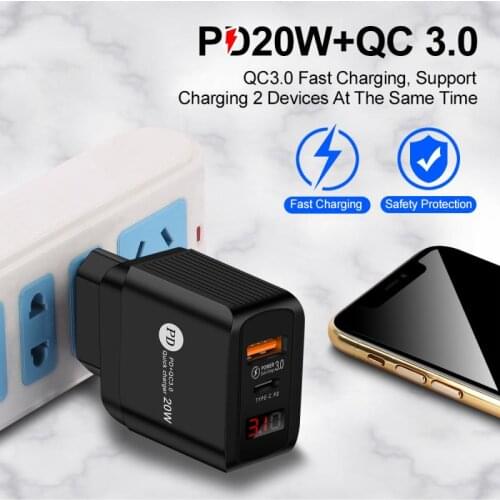 20W PD USB Charger QC 3.0 Fast Phone Charge Adapter For IPhone 12 11 Pro Xr Xs Max Huawei Xiaomi Samsung With Screen Display