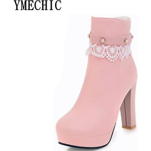 YMECHIC Sweet Lady Lace Rhinestone High Heels Ankle Boot Womens Heel Shoes Woman Pink Black Botines 2018 New Fashion Boot 35-43