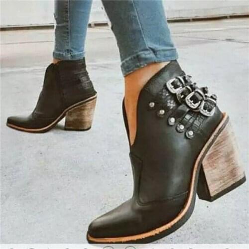 New Pointed Women Boots High Heel Zipper PU Leather Ankle Boots Fashion Buckles V Port Female Short Boots