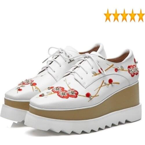 Embroidery Brand New Women Floral Wedges Thick Platform Lace Up Casual Streetwear Creeper Genuine Leather Square Toe Shoes