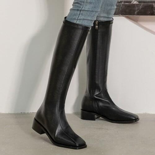 Womens great pu leather flats winter knee high boots square toe casual warm plush cold weather long boots high quality shoes