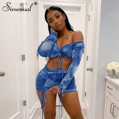 Simenual Tie Dye Print Drawstring Sexy Co-ord Sets Women Long Sleeve Ruched Sexy 2 Piece Outfits Club Bodycon Top And Skirt Set
